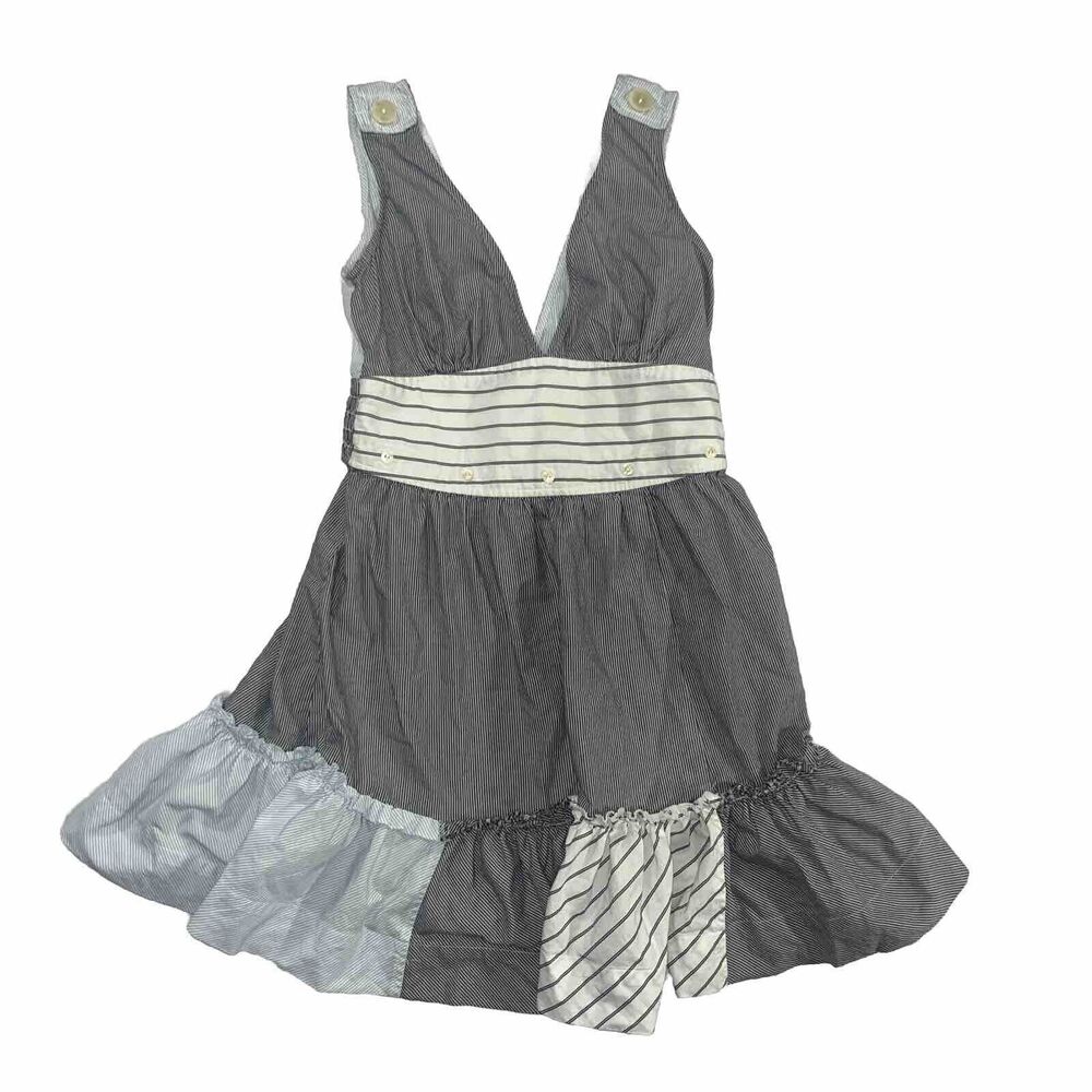 Vintage Free People Nautical Navy Blue White Striped Cotton Ruffled Boho dress